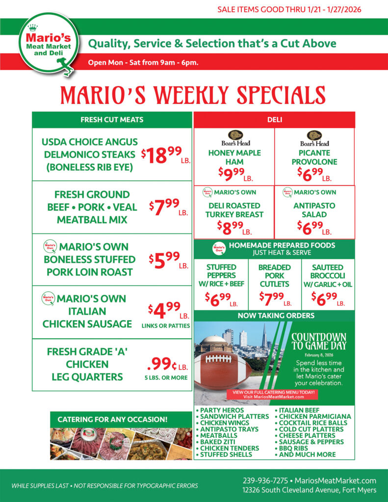 Weekly Specials Fort Myers | Wednesday, January 21st through Tuesday, January 27th| Marios Meat Market and Deli