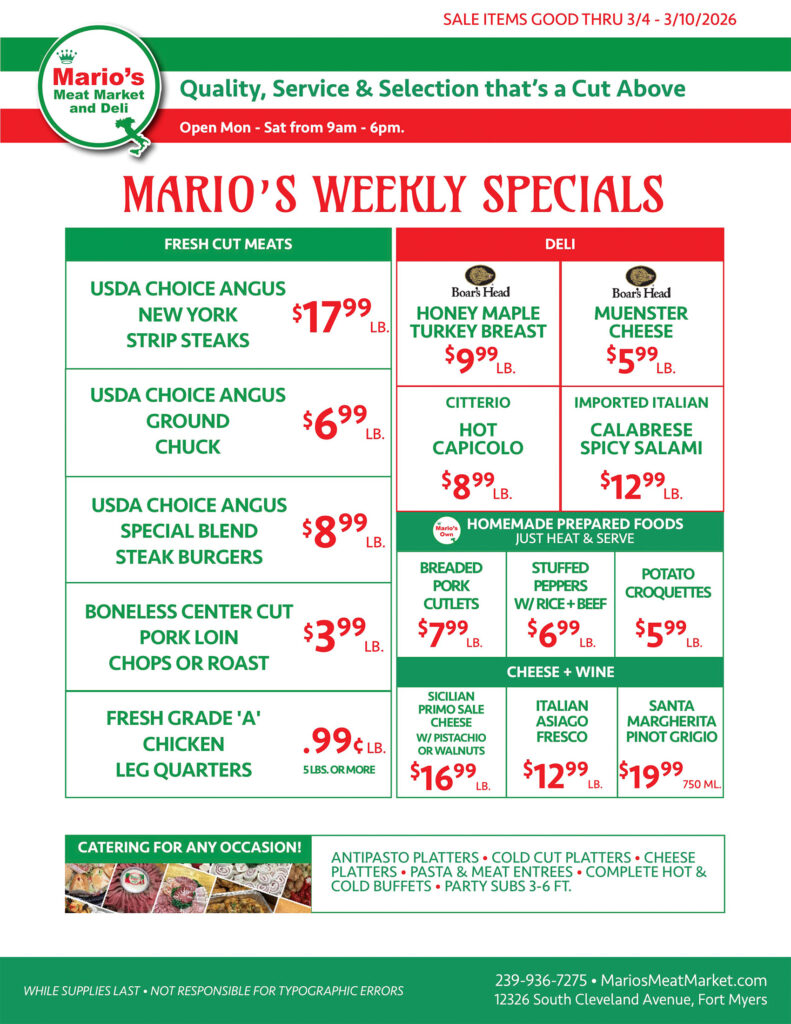 Weekly Specials Fort Myers | Wednesday, March 4th through Tuesday, March 10th| Marios Meat Market and Deli