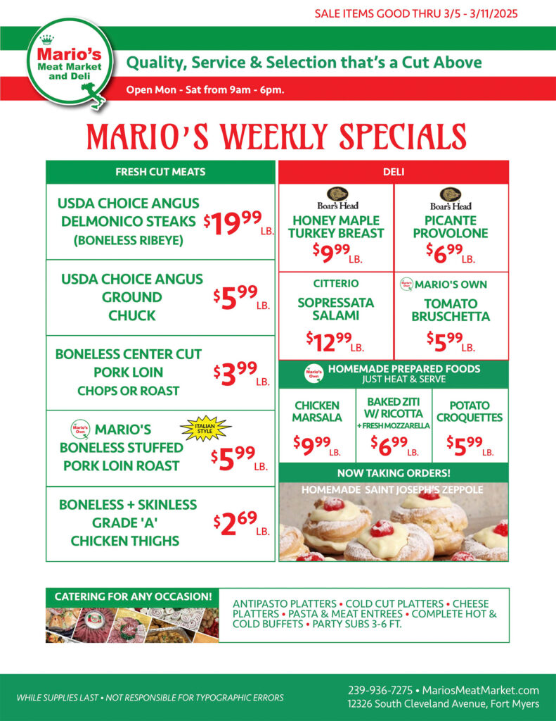 Weekly Specials Fort Myers | Wednesday, March 5th thru Tuesday, March 11th | Marios Meat Market and Deli