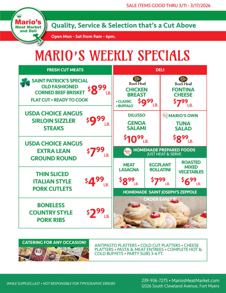 Weekly Specials Fort Myers | Wednesday, March 11th through Tuesday, March 17th| Marios Meat Market and Deli