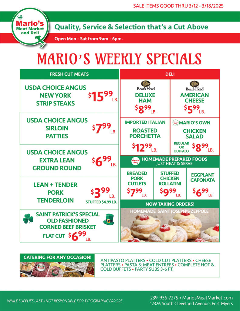 Weekly Specials Fort Myers | Wednesday, March 12th thru Tuesday, March 18th | Marios Meat Market and Deli