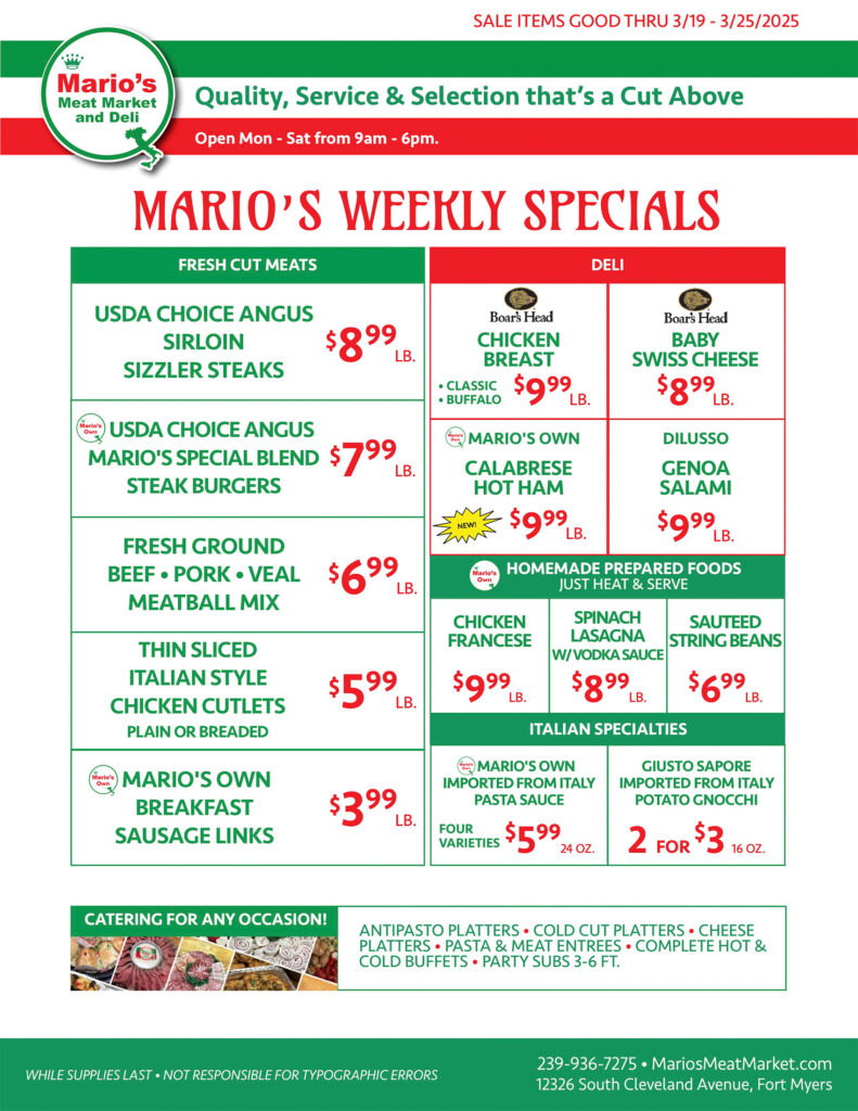 Weekly Specials Fort Myers | Wednesday, March 19th thru Tuesday, March 25th | Marios Meat Market and Deli