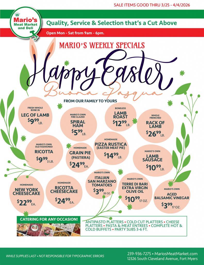 Weekly Specials Fort Myers | Wednesday, March 25th through Saturday, April 4th| Marios Meat Market and Deli