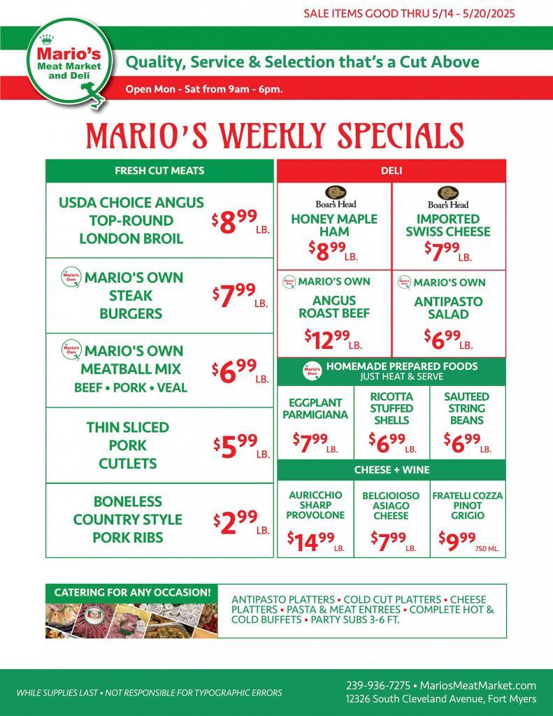 Weekly Specials Fort Myers | Wednesday, May 14th thru Tuesday, May 20th | Marios Meat Market and Deli