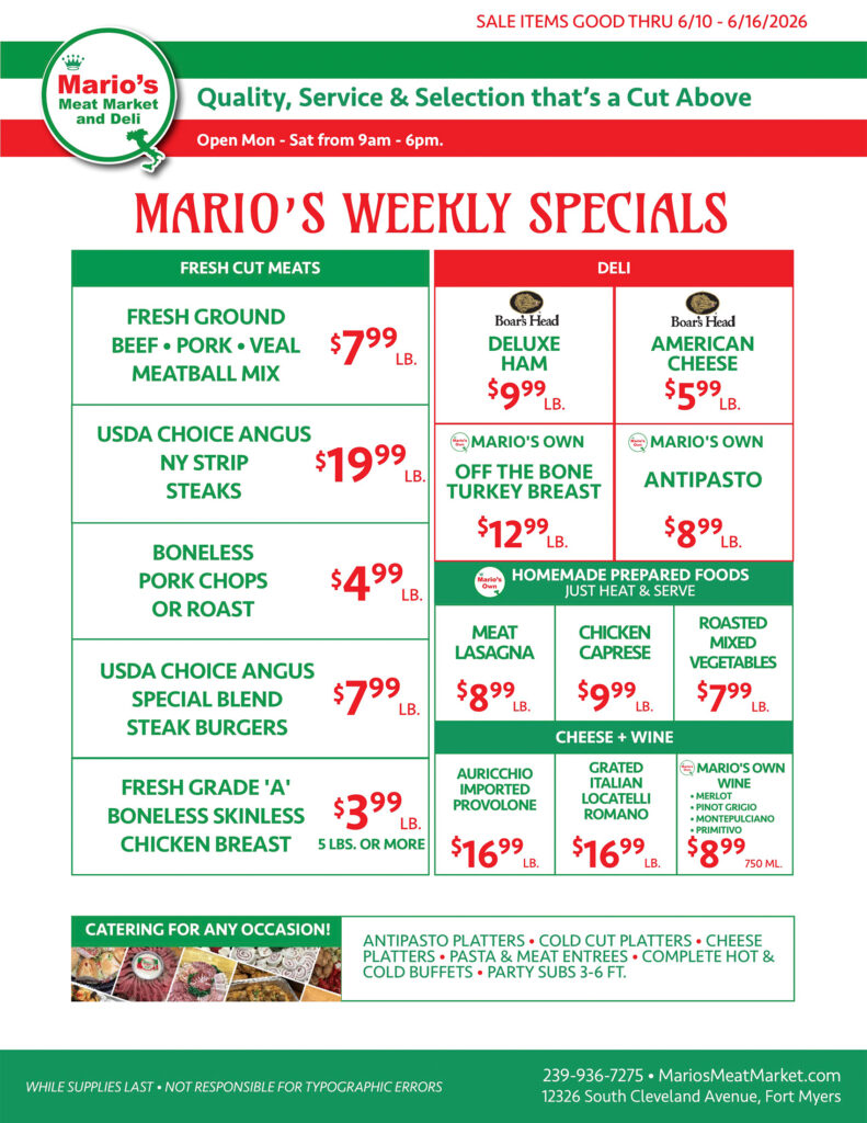 Weekly Specials Fort Myers | Wednesday, June 10th through Tuesday, June 16th| Marios Meat Market and Deli