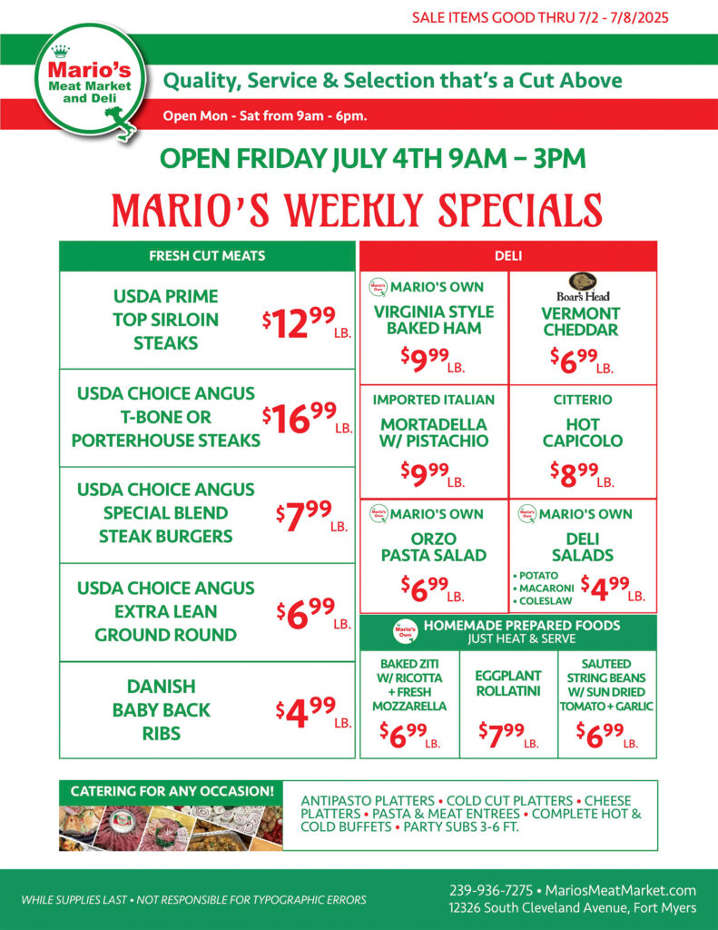 Weekly Specials Fort Myers | Wednesday, July 2nd thru Tuesday, July 8th | Marios Meat Market and Deli