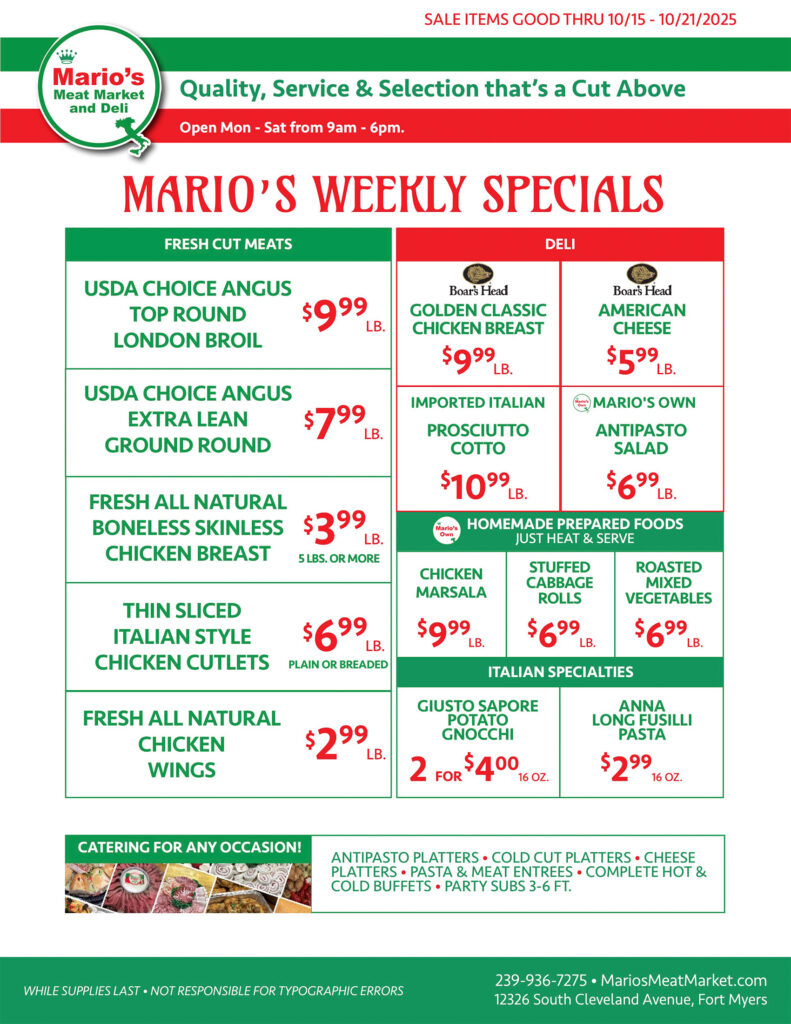 Weekly Specials Fort Myers | Wednesday, October 15th thru Tuesday, October 21st | Marios Meat Market and Deli