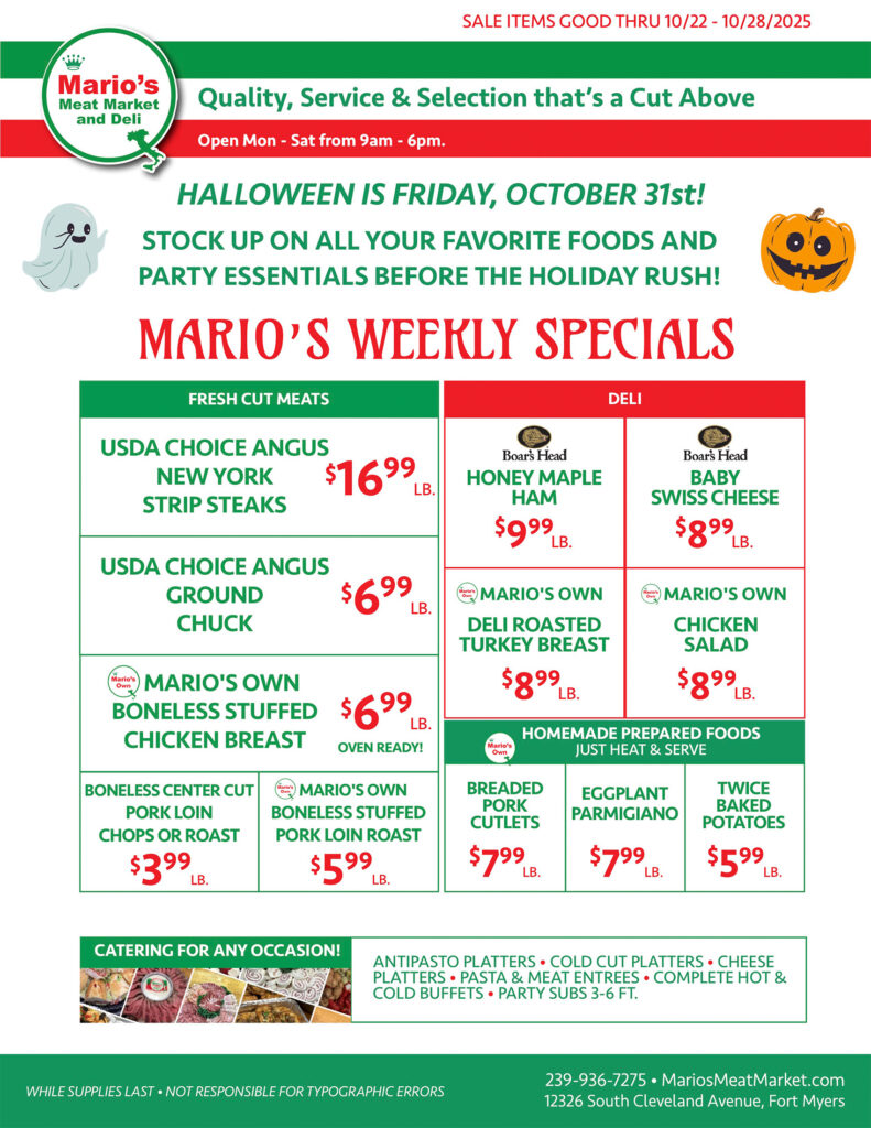 Weekly Specials Fort Myers | Wednesday, October 22nd thru Tuesday, October 28th | Marios Meat Market and Deli