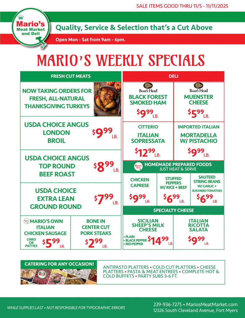 Weekly Specials Fort Myers | Wednesday, November 5th thru Tuesday, November 11th | Marios Meat Market and Deli