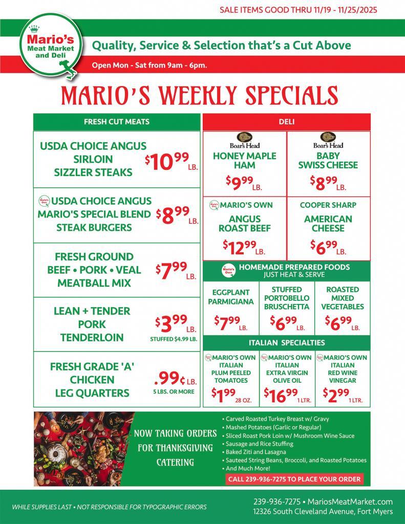 Weekly Specials Fort Myers | Wednesday, November 19th thru Tuesday, November 25th | Marios Meat Market and Deli