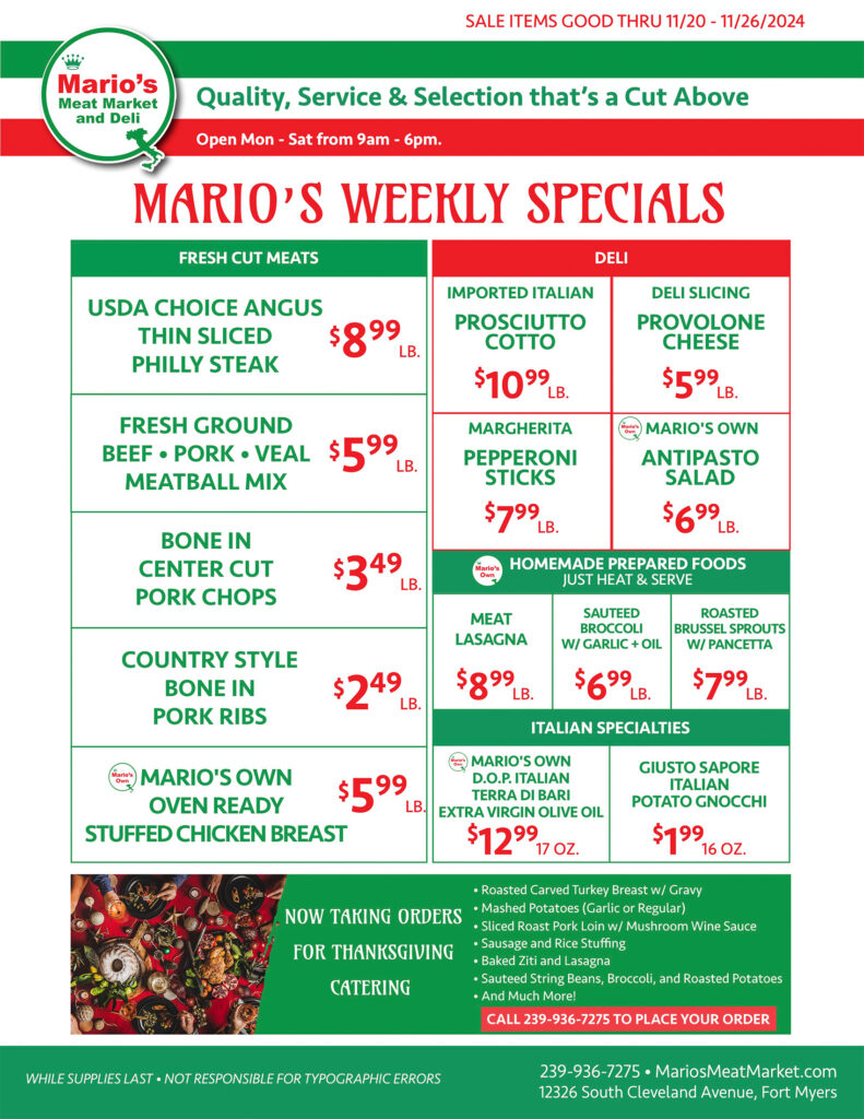 Weekly Specials Fort Myers | Wednesday, November 20th thru Tuesday, November 26th | Marios Meat Market and Deli