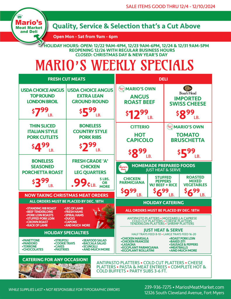 Weekly Specials Fort Myers | Wednesday, December 4th thru Tuesday, December 10th | Marios Meat Market and Deli