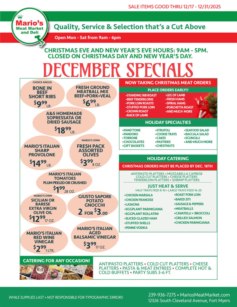 Weekly Specials Fort Myers | Wednesday, December 17th thru Wednesday, December 31st | Marios Meat Market and Deli