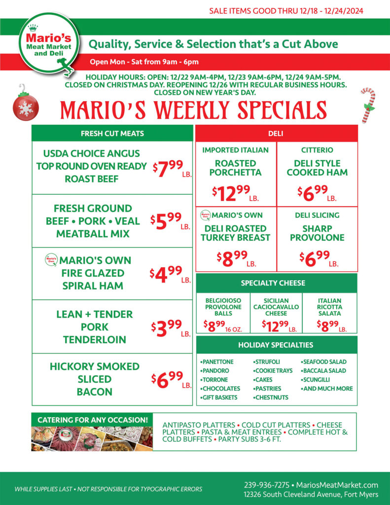 Weekly Specials Fort Myers | Wednesday, December 18th thru Tuesday, December 24th | Marios Meat Market and Deli