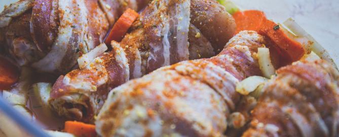 Marios Italian Deli | Picture of Bacon-Wrapped Drumsticks with Vegetables