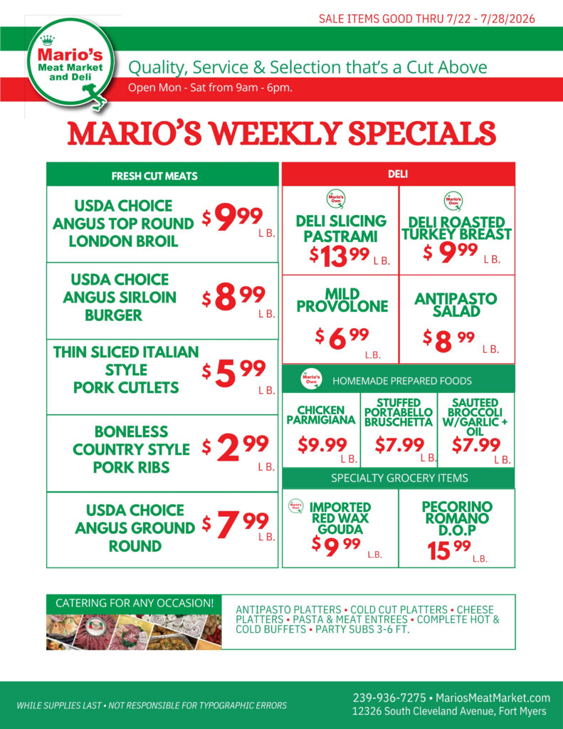 Mario's Market weekly specials flyer showing meat prices