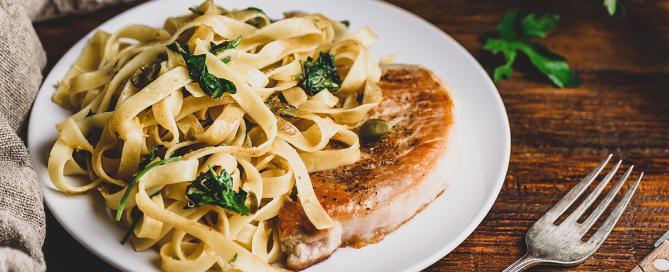 image of Pork Chops and Fettuccini Pasta Recipe Marios Meat Market and Deli